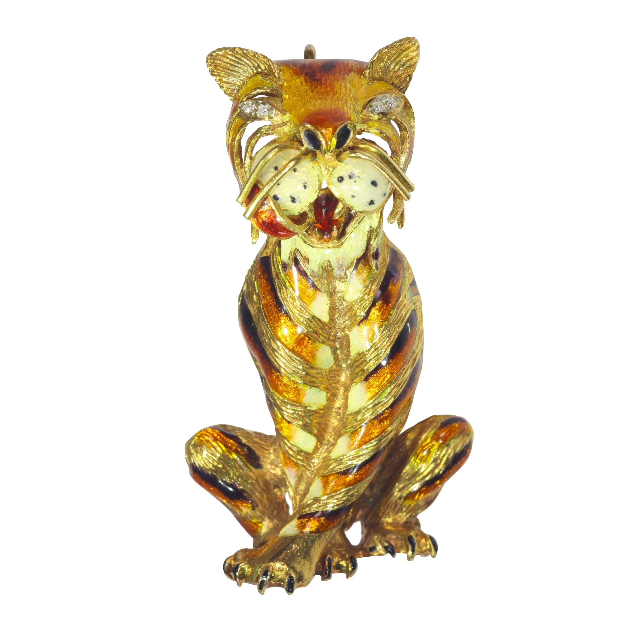 Amusing typical Fifties gold animal brooch enameled tiger with diamond eyes